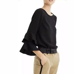 J. Crew Tiered Bell-Sleeve Top in Drapey Crepe Black